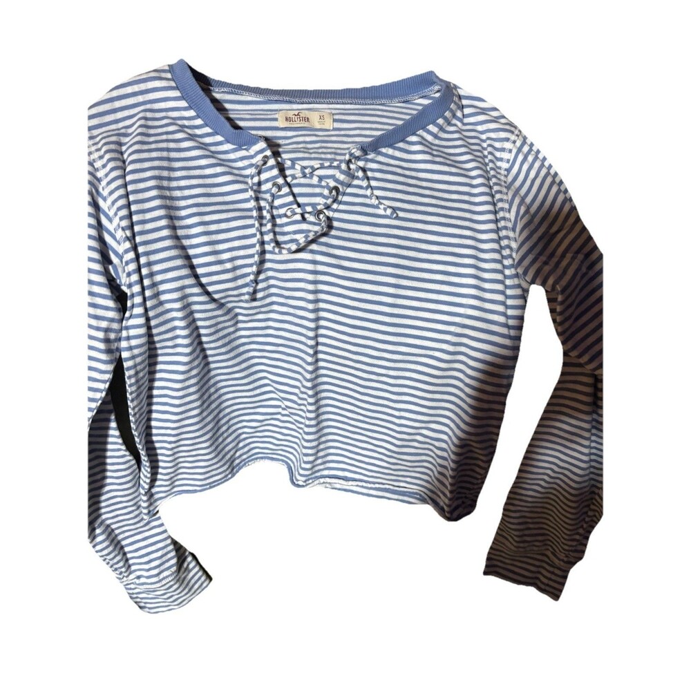 Hollister Striped Crop Lace Up T-Shirt Top Tee Size XS Extra Small Blue